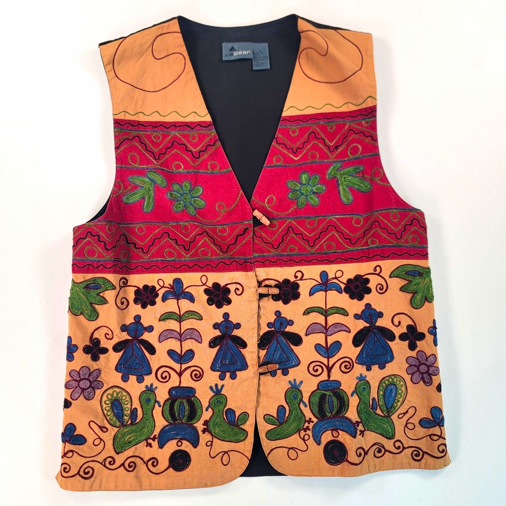 Vintage 1992 Lizwear Embroidered Folk Art Vest Womens S Boho Cottagecore India